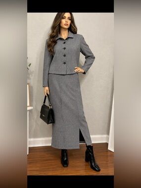 Women’s Houndstooth 2 Piece Skirt Suit Set Long Sleeve Jacket Midi Skirt Gray Bl